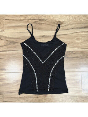 Angel Black Silk Blend Beaded Sequin Cami Tank Top M Y2K Party
